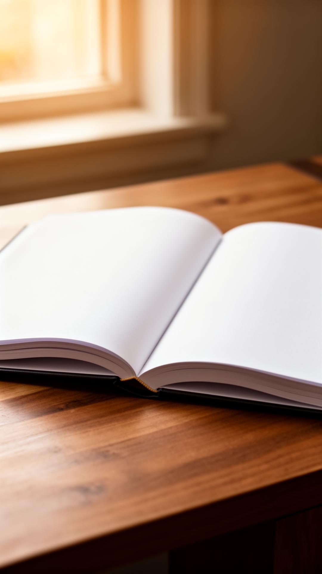 Open hardcover book on a wooden desk in warm window light